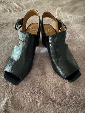 Franco Sarto Black Croc-Embossed Open-Toe Slingback Heels